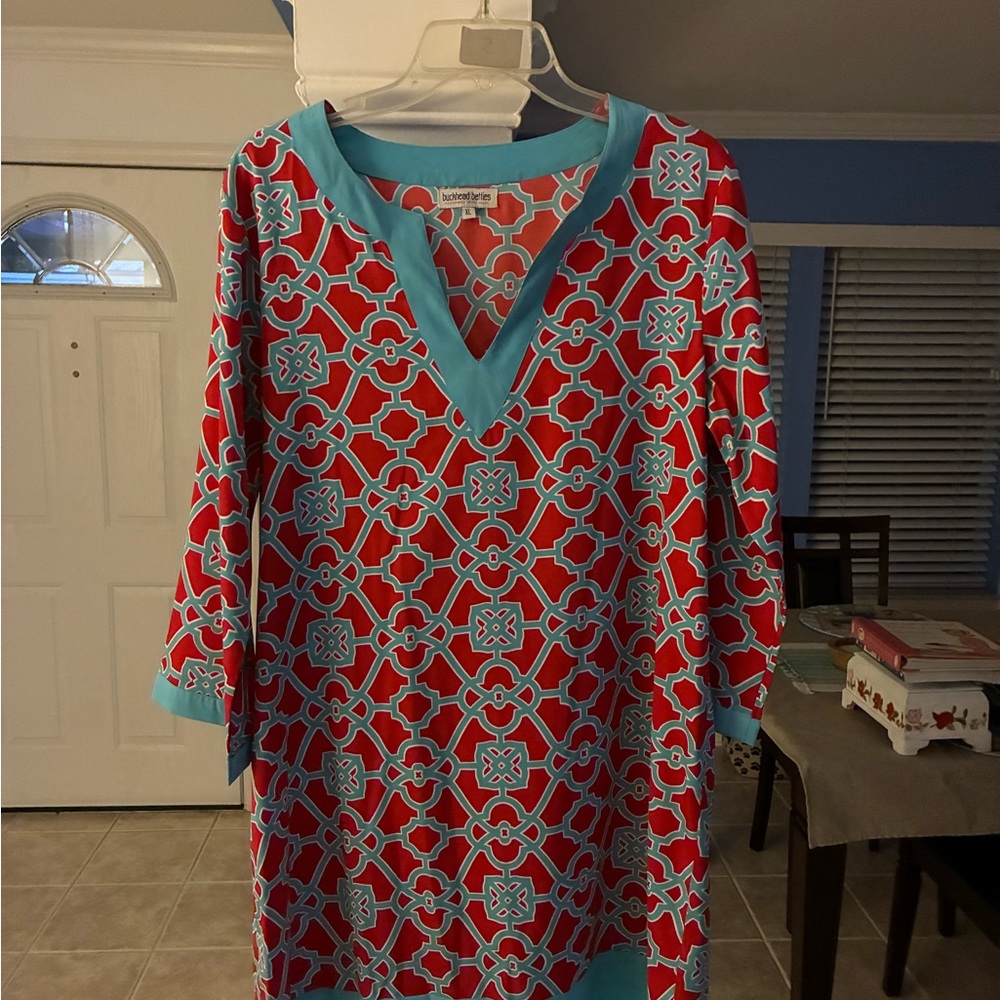 Chic Red and Blue Geometric Midi Dress buckhead betties xl